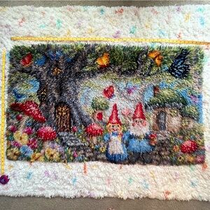 Amazing Gnome Garden Scene Vintage Cottagecore Latchhook 50x30" Rug/Wall Hanging
